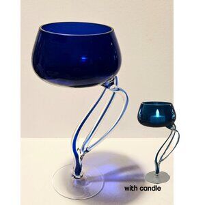 Cobalt Blue Jozefina Krosno Hand Blown Glass Jellyfish Pedestal Candleholder